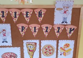 Na tablicy widnieje napis Dzień Pizzy, a także obrazki przedstawiające kucharza, pizzę oraz pizzerię.