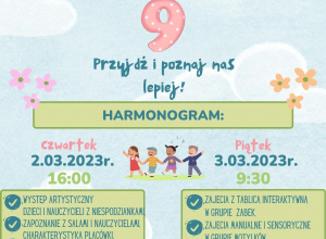 Plakat przedstawia zaproszenie na Dni Otwarte w Przedszkolu Samorzdowym nr 9 w Bełchatowie, które odbęda sie w dniach 02.03.2023 o godzi 16.00 oraz 03.03.2023 o godzinie 9.30.