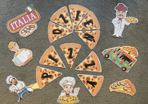 Na zdjęciu znajdują się obrazki związane z pizzą oraz napis „Dzień Pizzy”.