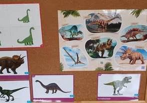 Na zdjęciu widać plakaty przedstawiające różne gatunki dinozaurów.