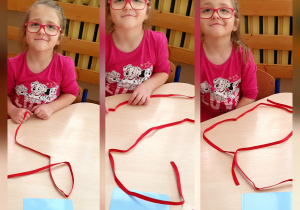 Fotografia to kolaż ze zdjęć. Dziewczynka z kolorowych sznurków układa cyfry, które leżą na stolik.