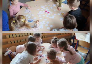 Zdjęcie zostało stworzone jako kolaż zdjęć. Dzieci siedzą przy stoliku i grają w gry logopedyczne.