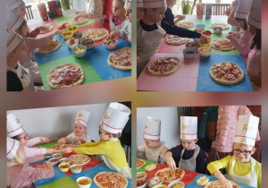 Zdjęcie jest stworzone jako kolaż z fotografii. Smerfy w fartuszkach oraz czapkach na głowie dekorują swoją pizzę ulubionymi składnikami.