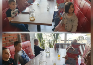Zdjęcie to kolaż zdjęć. Dzieci siedzą przy stole, dumnie prezentując otrzymane dyplomy za ukończenie warsztatów organizowanych przez restaurację Da Grasso.