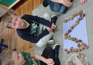 Trzech chłopców siedzi wokół ułożonej przez siebie literki „M” z orzechów włoskich.
