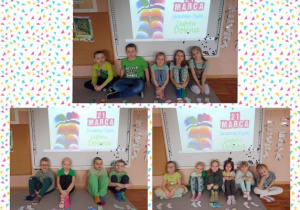 Dzieci z grupy Smerfy pozują do zdjęcia na tle napisu Dzień kolorowej skarpetki, prezentując wykonane przez siebie prace