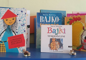 Na zdjęciu widać stojące na półce książeczki.