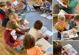 Kolaż zdjęć, na którym dzieci z grupy Żabki siedzą na dywanie i oglądają swoje ulubione książki.