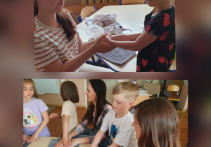 Kolaż z dwóch zdjęć, na których dzieci wykonują peeling dłoni swoim mamom.