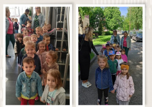 Zdjęcie zostało stworzone jako kolaż z wielu fotografii, które przedstawiają zdjęcia dzieci podczas wycieczki na spotkanie ze Strażą Miejską do Gigantów Mocy w Bełchatowie.