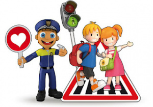 Obrazek przedstawiający policjanta i dzieci przechodzące przez pasy.