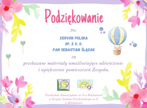 Podziękowanie dla firmy Xervon Polska. Na obrazku filoerowa ramka z kwiatami i logo placówki.