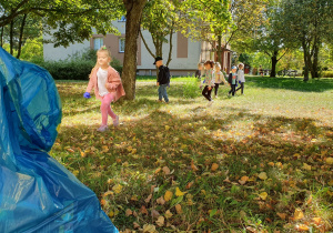 Dzieci z grupy Liski zbierają śmieci w pobliskim parku.
