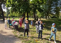 Dzieci z grupy "Tropiciele" zbierają liście w parku.