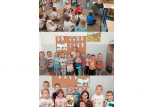 Dzieci z grupy Liski na zdjęciach podczas czytania bajki w bibliotece, dziewczynkę z klasy III oraz panią logopedę.
