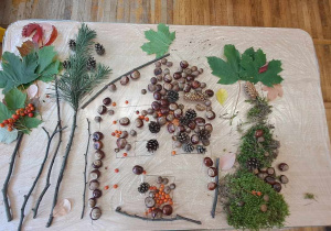 Jesienny pejzaż z materiałów przyrodniczych ułożony przez dzieci z grupy Misie.