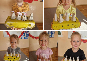 Kolaż zdjęć. Dzieci prezentują swoje myszki i ser wykonane z wytłaczanek.