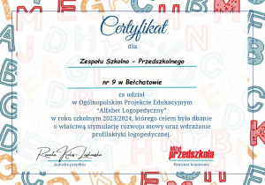 Certyfikat logopedyczny dla wzorowej placówki