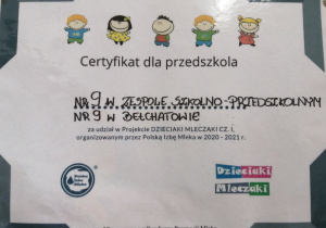 Certyfikat dla przedszkola za udział w projekcie Dzieciaki - Mleczaki