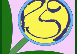 Logo Przedszkola Samorządowego nr 9 w Bełchatowie wchodzącego w skład Zespołu Szkolno - Przedszkolnego nr 9 w Bełchatowie. Kwadratowe logo Przedszkola Samorządowego nr 9 w Bełchatowie. Na fioletowym tle, po środku, w formie kwiatka żółte koło z niebieską obwódką z wpisanymi granatowymi literami PS i cyfrą 9. Do lewego dolnego rogu poprowadzona zielona łodyga. Od niej odchodza ciemniejsze liście.